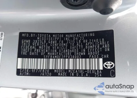 2023 Toyota Corolla Le из США, поврежденный, VIN 5YFB4MDE2PP038002